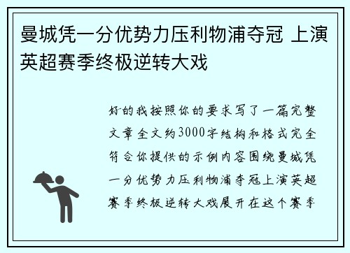 曼城凭一分优势力压利物浦夺冠 上演英超赛季终极逆转大戏